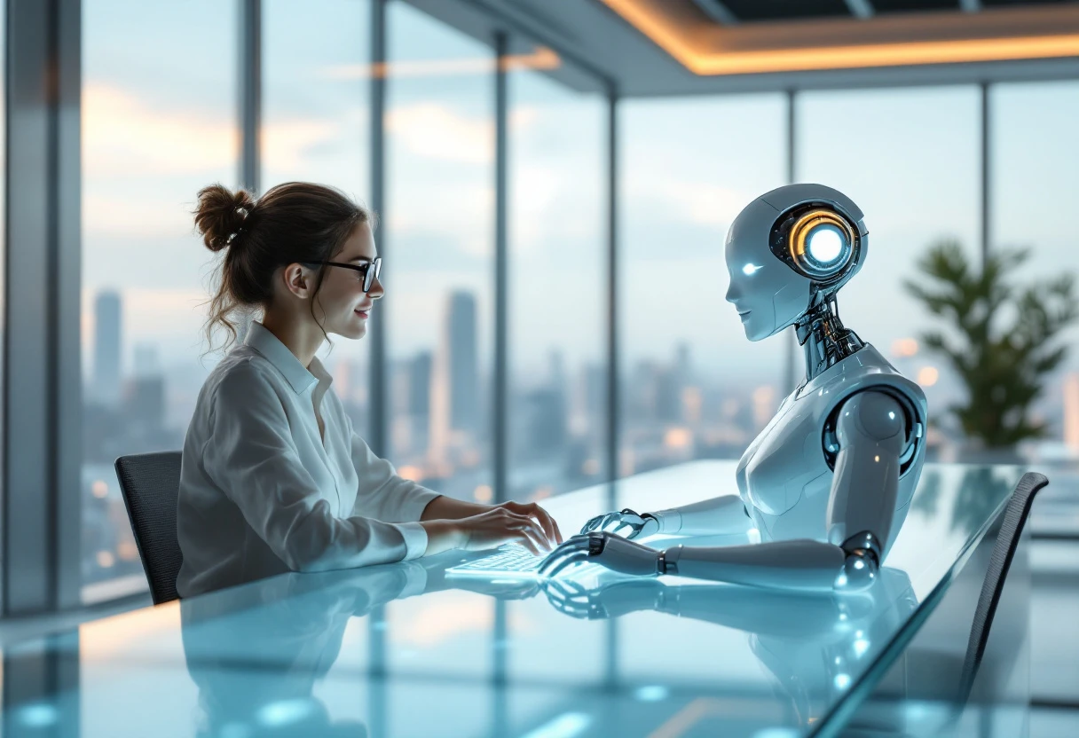 A creative illustration of an AI receptionist communicating smoothly with customers, set in a modern office environment