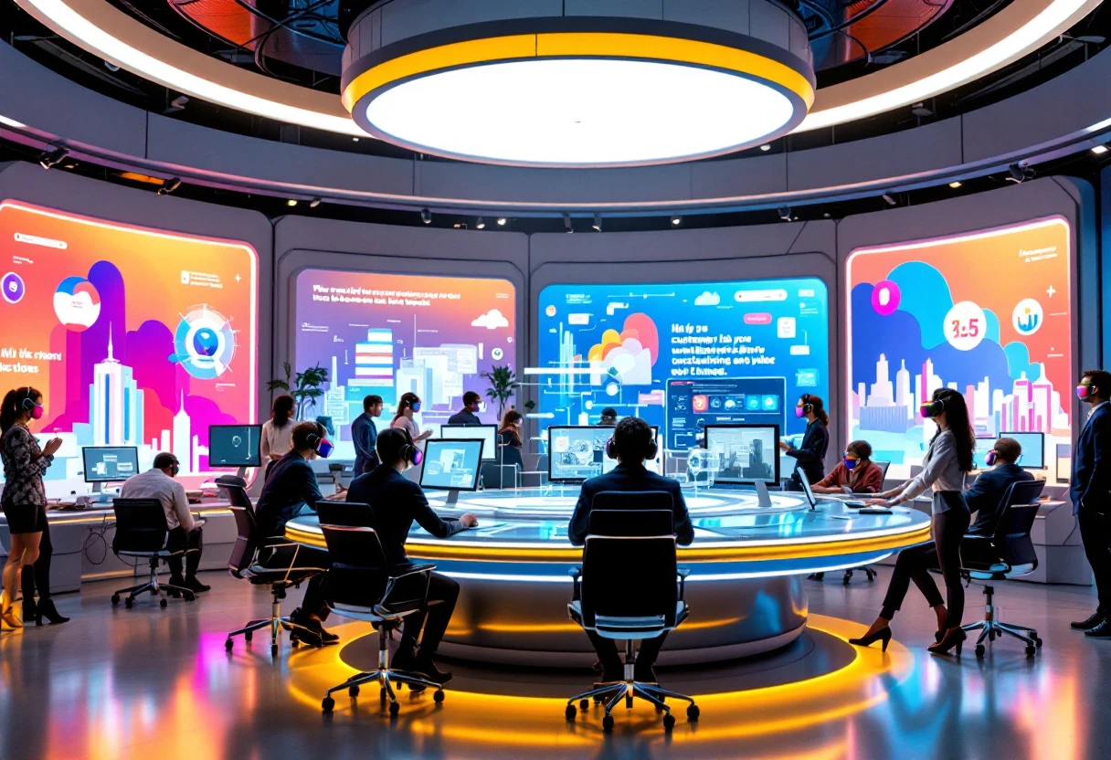 A vibrant office environment where employees interact with advanced technology, showcasing a dynamic approach to customer service.