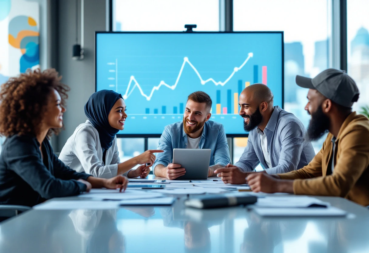 Illustration of a diverse team of entrepreneurs discussing AI solutions, with charts and graphs showing business growth.