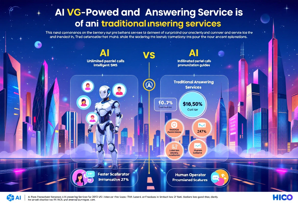A visually engaging infographic showcasing the differences between AI and traditional answering services, focusing on features like unlimited parallel calls, intelligent SMS, and pronunciation guides.
