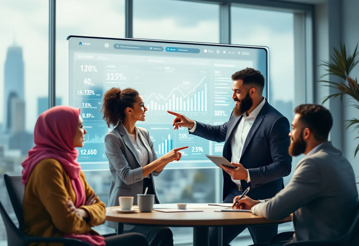 A vibrant and professional image showing a diverse group of business professionals engaging with a digital dashboard displaying AI receptionist statistics.