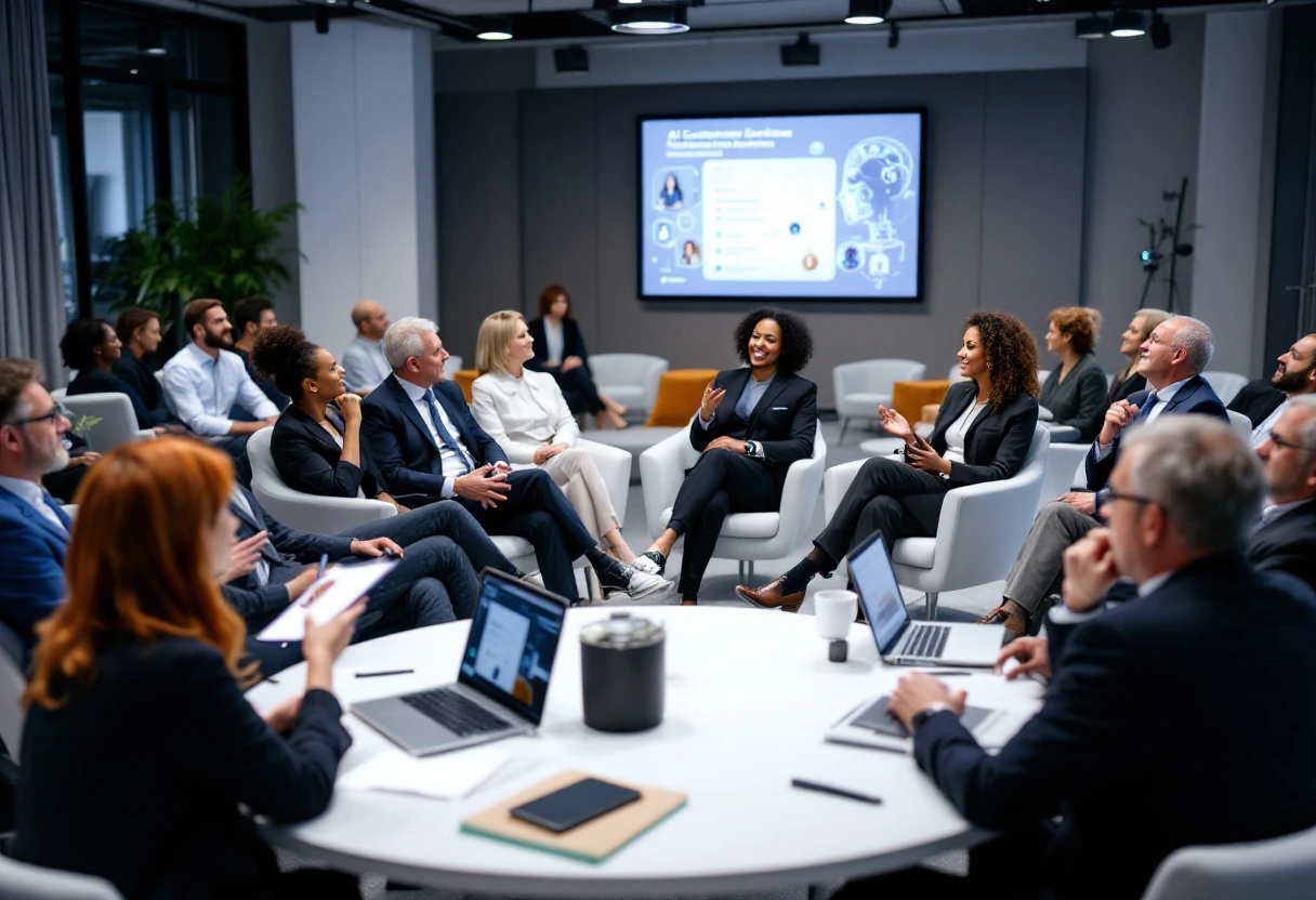 A professional networking event featuring industry leaders discussing advancements in AI technology and customer service.