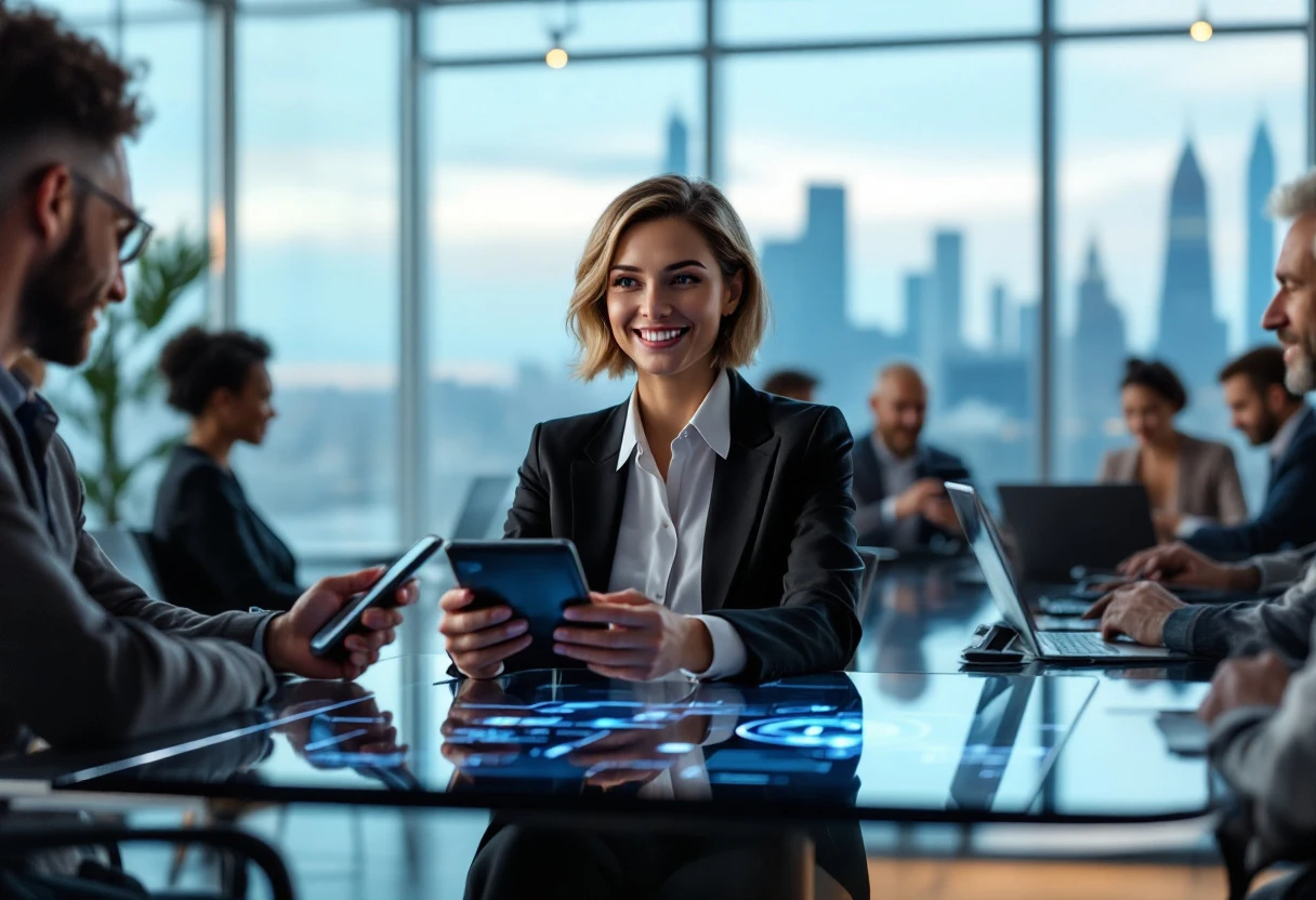 An engaging image depicting a modern office setting featuring a digital assistant interacting with customers on various devices, showcasing efficient communication.