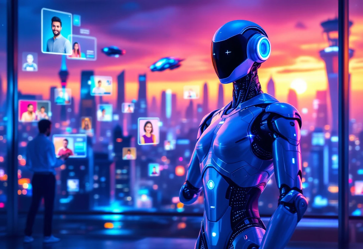 An illustration showing a futuristic virtual assistant interacting with diverse customers through various digital platforms.