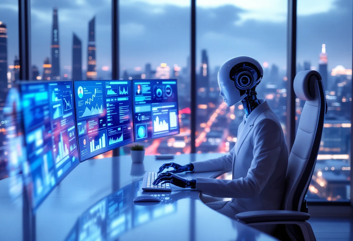 A modern office setup showcasing an AI assistant managing calls with multiple screens displaying data analytics and customer interactions.