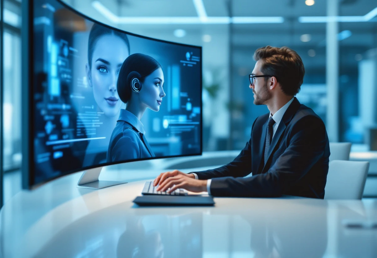 An engaging image showcasing a busy office environment with a professional interacting with an AI receptionist on a screen. The setting implies efficiency and modern technology.