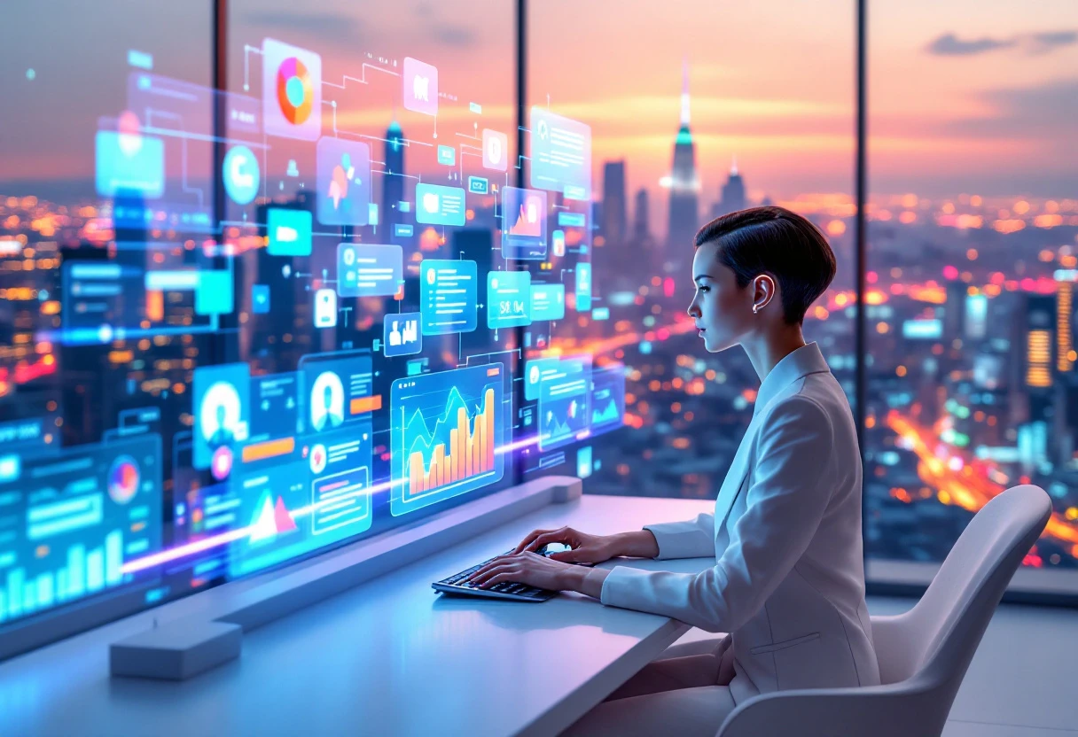 Visual representation of an AI receptionist capturing customer inquiries across various platforms, with text bubbles and analytics graphs in the background.