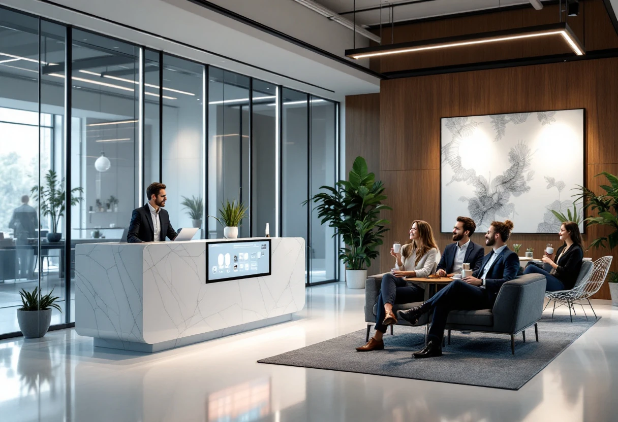 A sleek, modern office environment showcasing a digital receptionist interface with happy customers interacting.