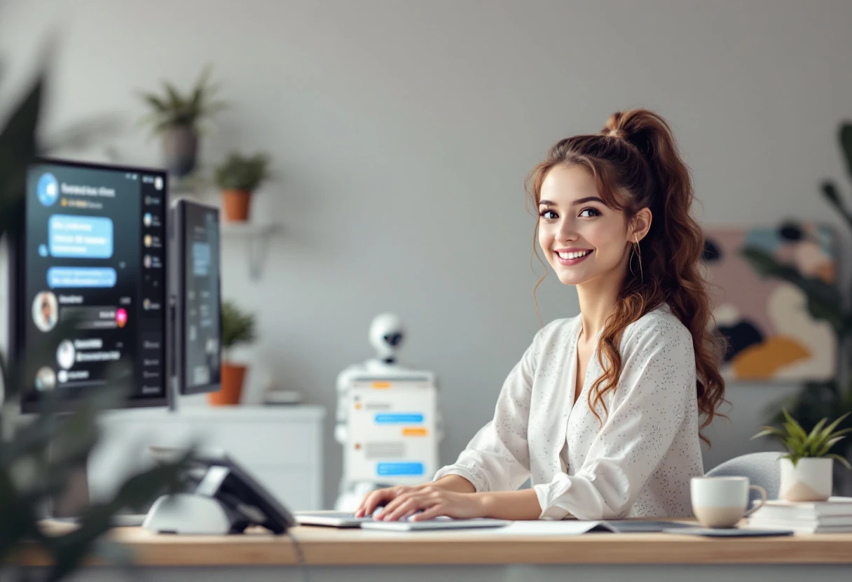 Illustration of a business environment with a friendly AI receptionist engaging with customers through various channels (phone, chat, etc.)