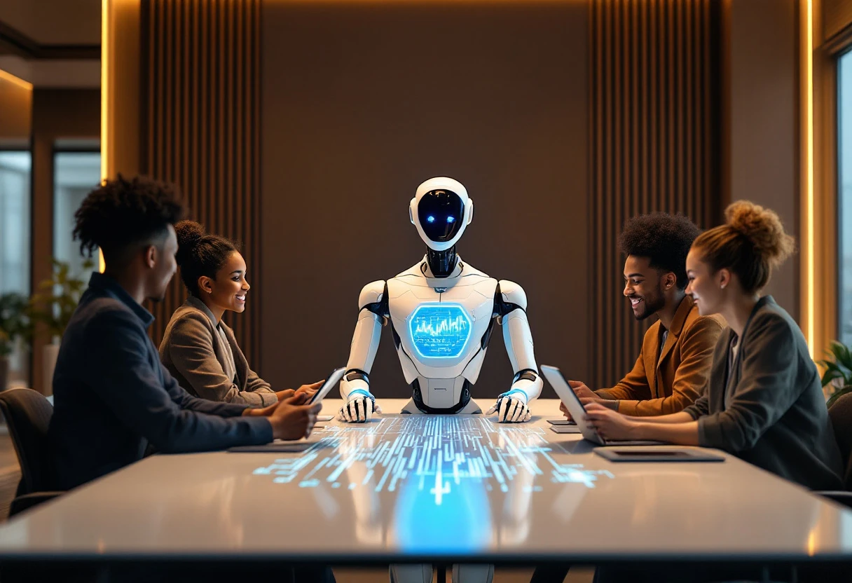 Visual representation of a business team interacting positively with an AI receptionist, showcasing seamless communication represented through digital interfaces.