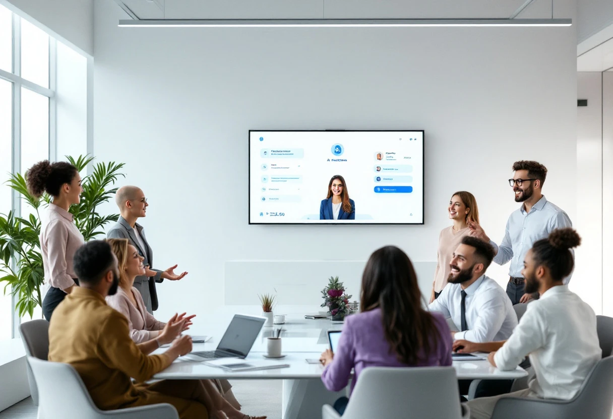The image should portray a sleek workspace featuring an AI receptionist interface displayed on a monitor. Show happy employees interacting with customers, emphasizing efficiency and professionalism.
