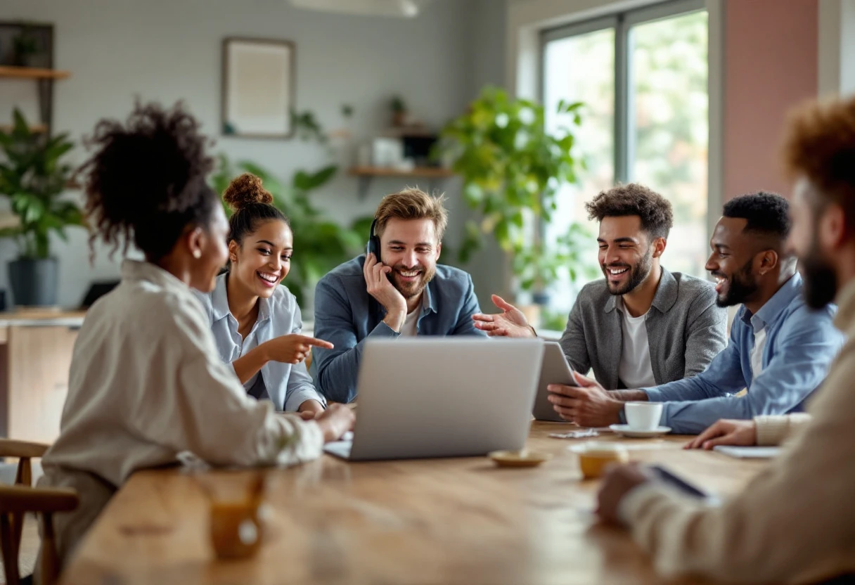 A modern office scene showing diverse professionals collaborating around a laptop with a focus on customer service and technology integration.