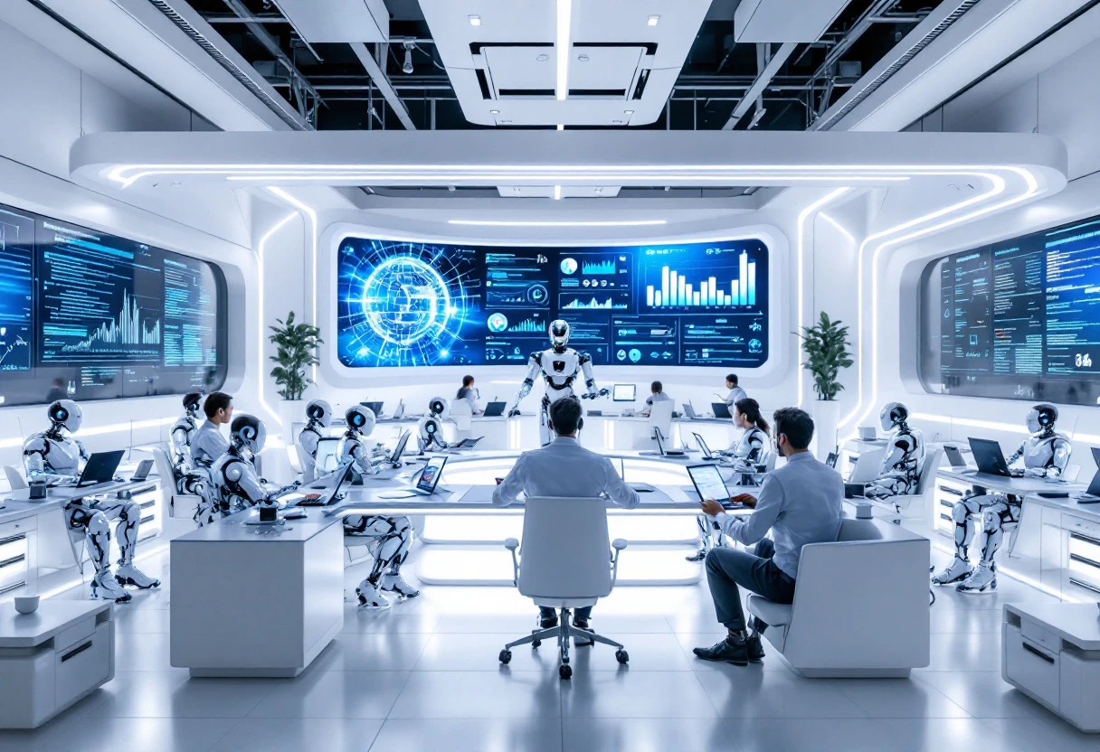 An illustration of a busy office with AI-driven technology improving efficiency in customer service.