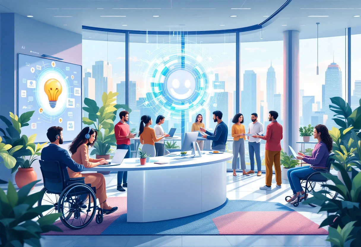 An energizing visual showing a bustling office environment with diverse team members interacting with AI receptionist technology, demonstrating efficiency and teamwork.