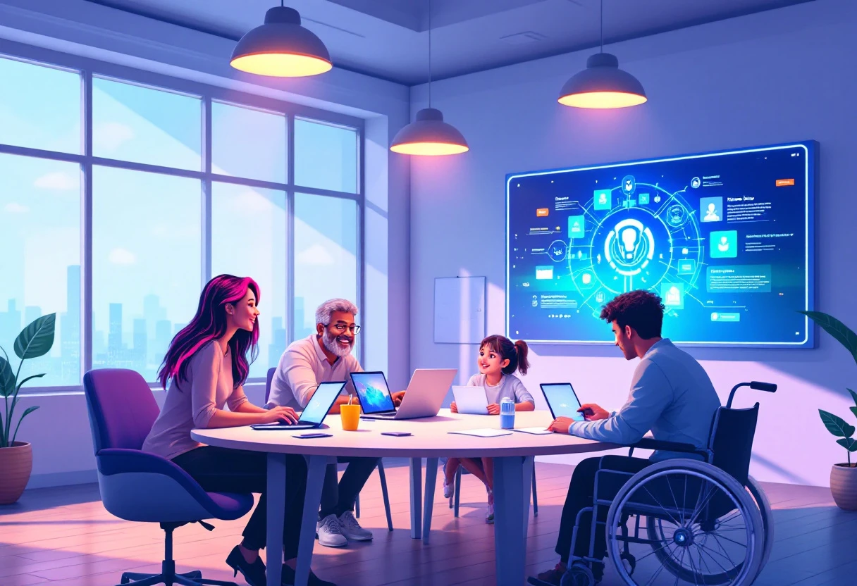 An illustration of a team training session on using AI technology, featuring diverse individuals interacting with user-friendly interfaces.