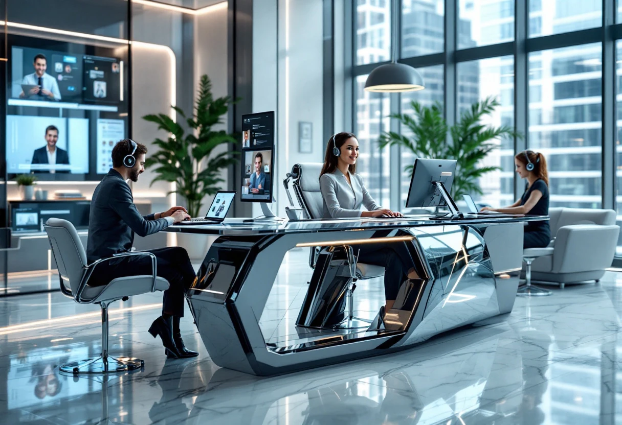 Illustration of an AI receptionist assisting multiple clients via calls and chats in a modern office environment, demonstrating 24/7 operations and real-time engagement.