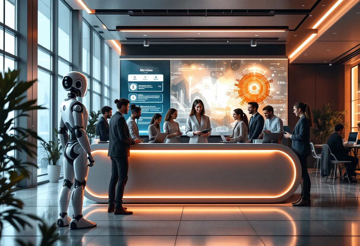 An innovative office environment featuring an AI receptionist, showcasing diverse team members interacting with the system, symbolizing the blend of technology and customer service.