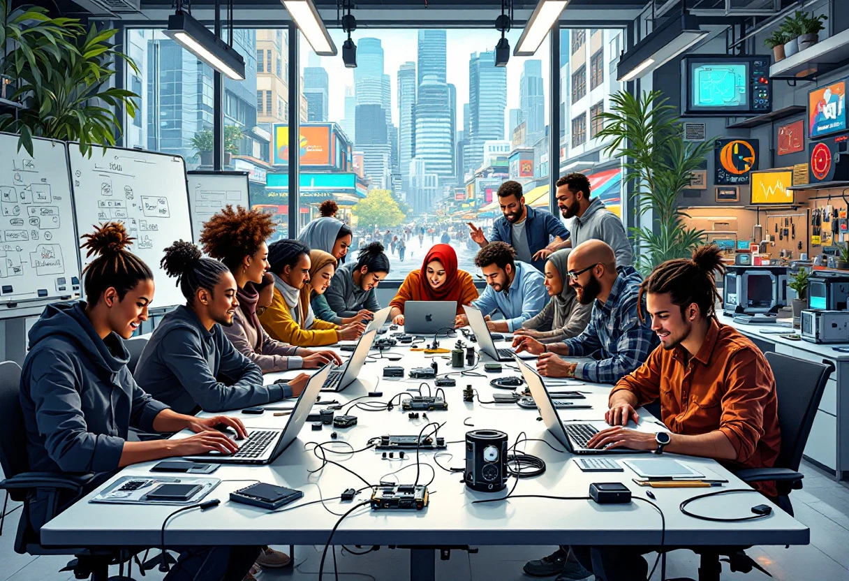 A vivid illustration of a diverse team of resellers collaborating over technologies, highlighting the area's vibrant culture of teamwork and innovation.