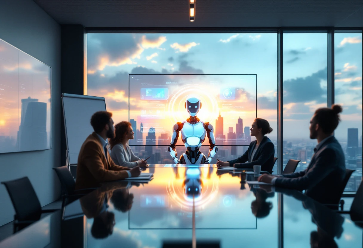 A modern office environment featuring a team collaborating around a computer with an AI receptionist interface visible on the screen, showcasing teamwork and technology.