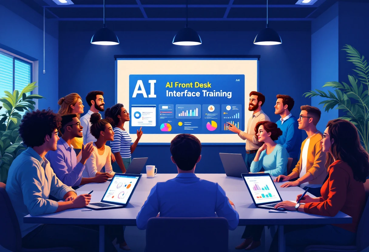 A vibrant illustration featuring a team of diverse resellers engaged in training sessions, with visuals of AI Front Desk's interface prominently displayed on laptops and screens.