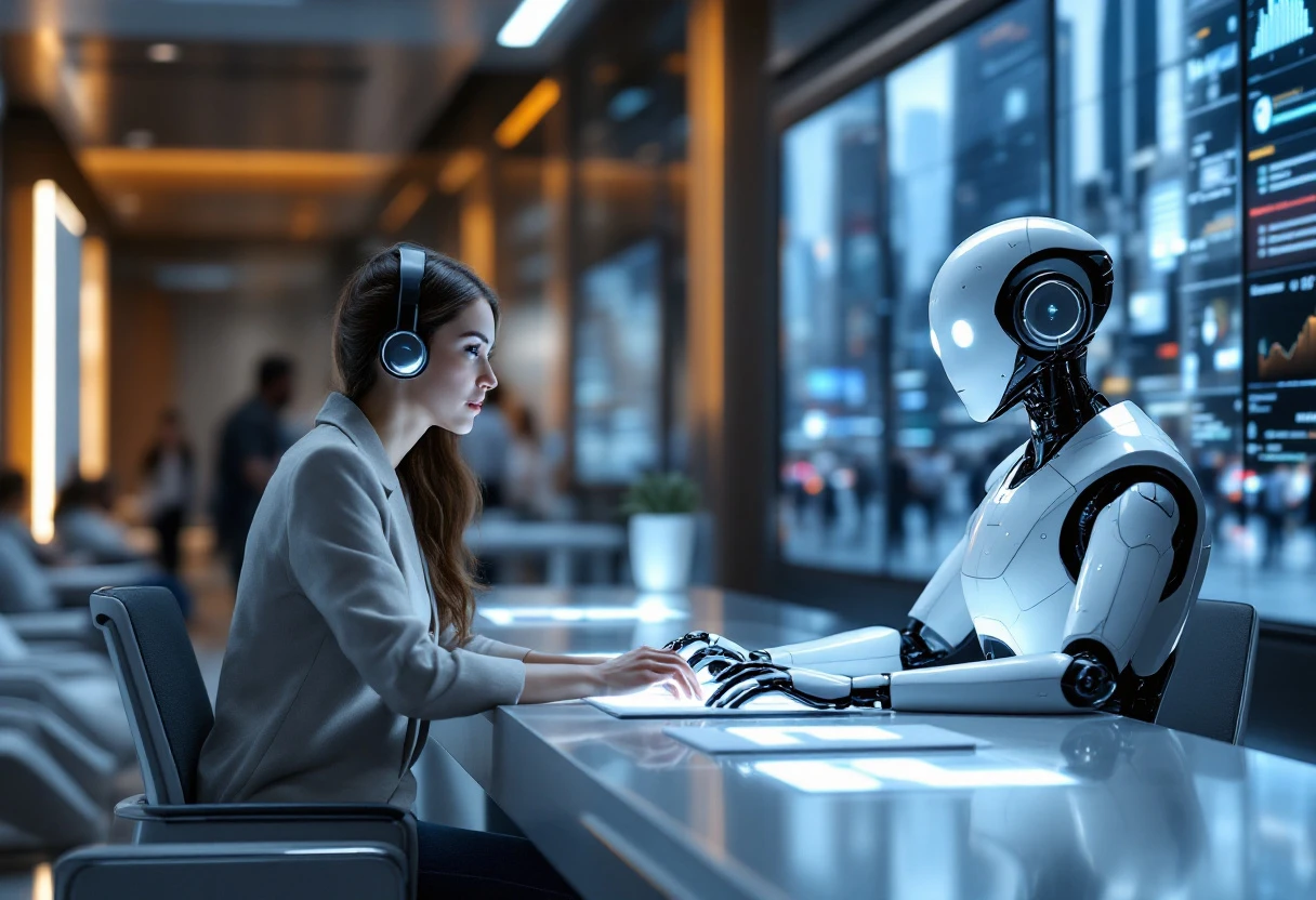 Visual representation of a busy customer service environment showcasing an AI receptionist efficiently engaging with customers.