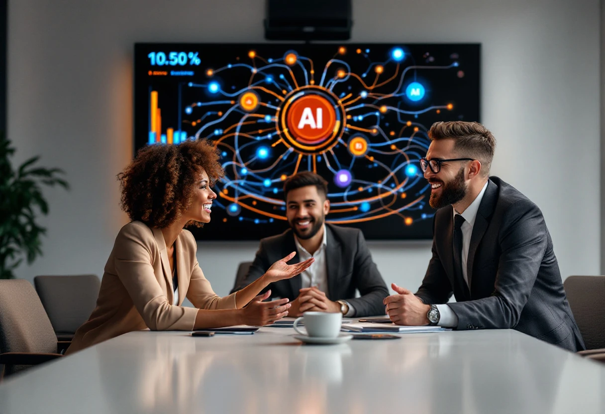 Image of a business meeting via video call, showing a group of professionals actively engaging in discussions about AI service solutions, with charts and data displayed on a screen in the background.