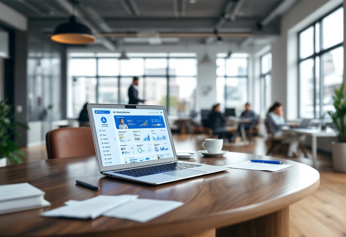 An image of a busy office environment with an AI receptionist interface visible on a desktop, showing call metrics and customer interactions.