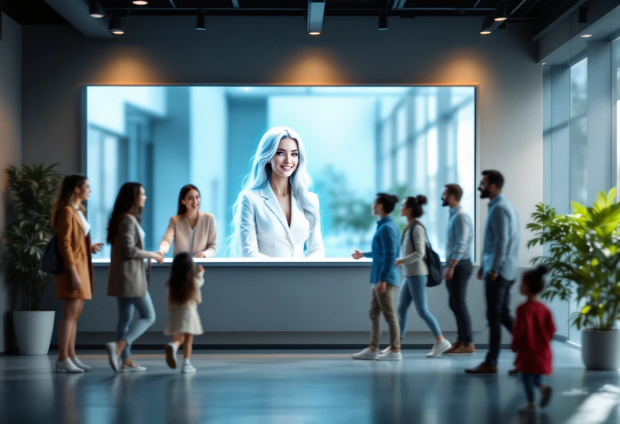 Modern office scene with an AI receptionist on a screen, interacting with diverse customers in an engaging, friendly manner.