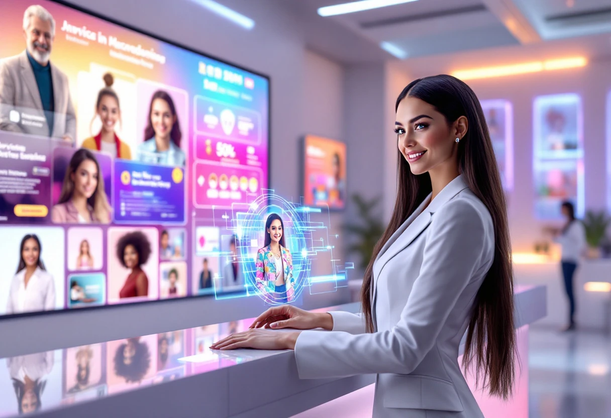 A dynamic office setting where an AI receptionist engages with diverse customers represented on screens, showcasing integration with various services.