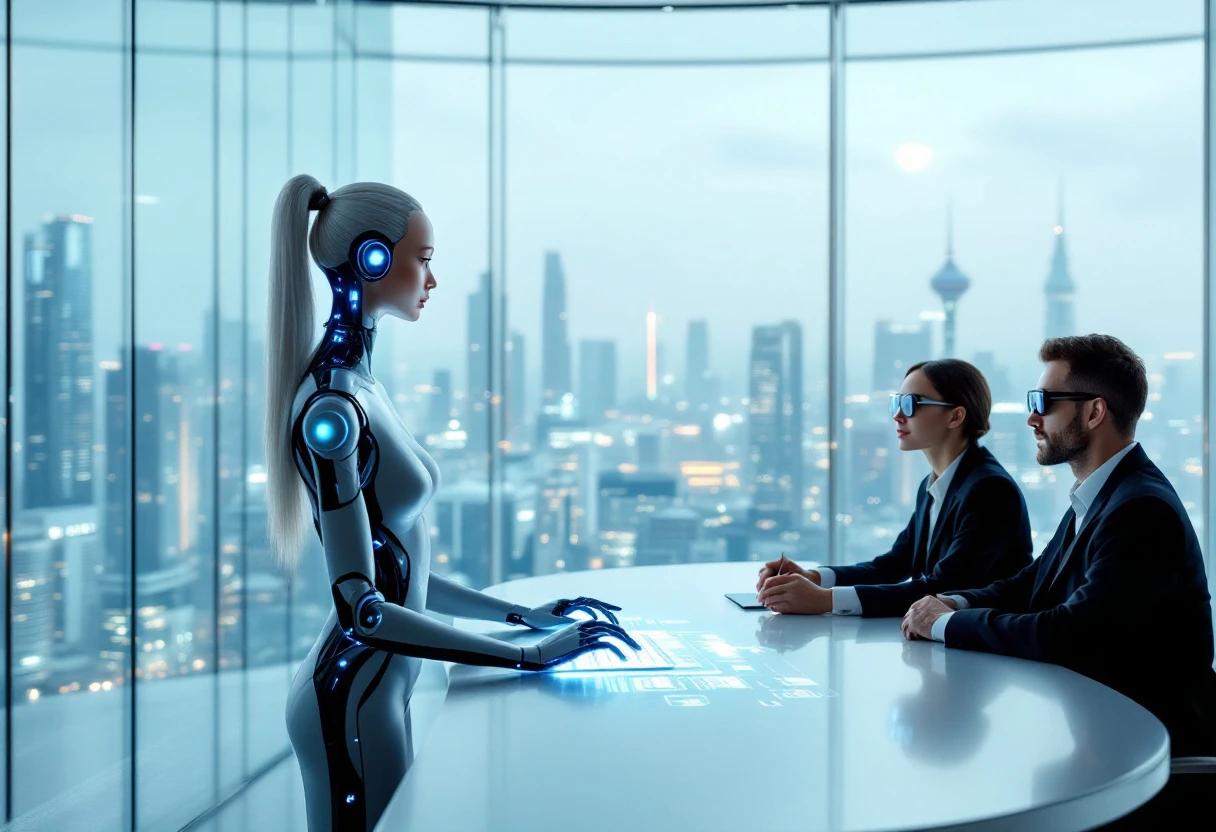Graphic depicting a business meeting with a futuristic AI receptionist, symbolizing efficiency and modern customer service solutions.