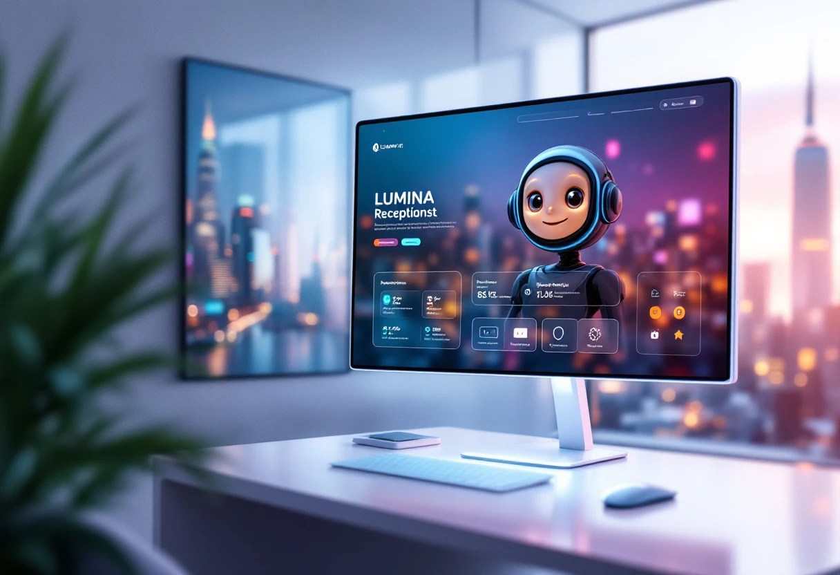 An innovative office scene showcasing an AI receptionist interface displayed on a computer, with branding elements visible, highlighting technology and personal touch.
