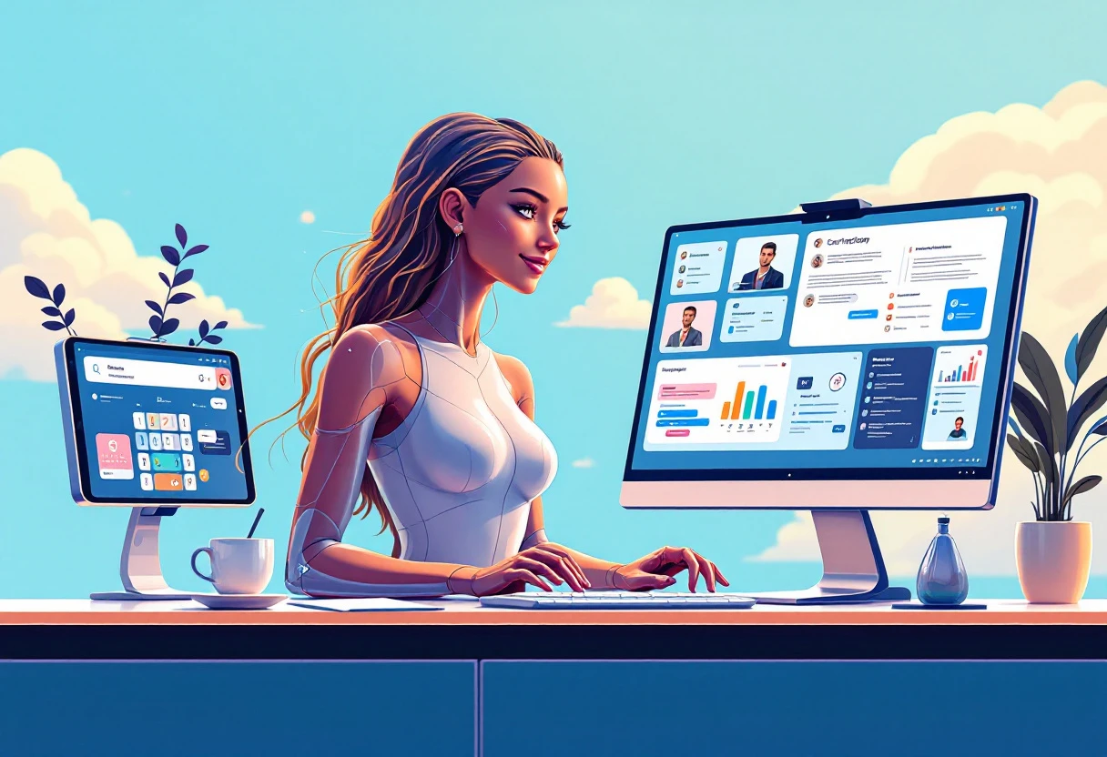 An engaging animated illustration showing a friendly, humanoid AI receptionist interacting with customers on various devices such as a phone and computer.