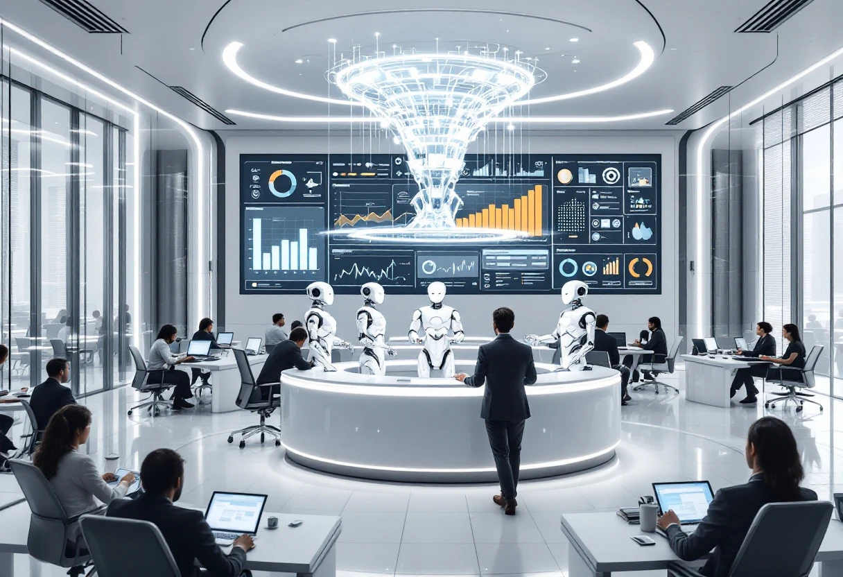 Image illustrating a futuristic office environment, featuring employees interacting with AI receptionists, showcasing advanced technology and analytics tools.
