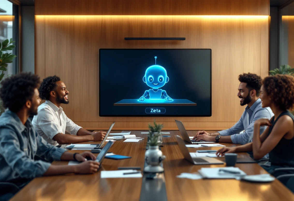 Visual representation of a business team engaging with an AI receptionist on a computer screen, showcasing collaboration and efficiency