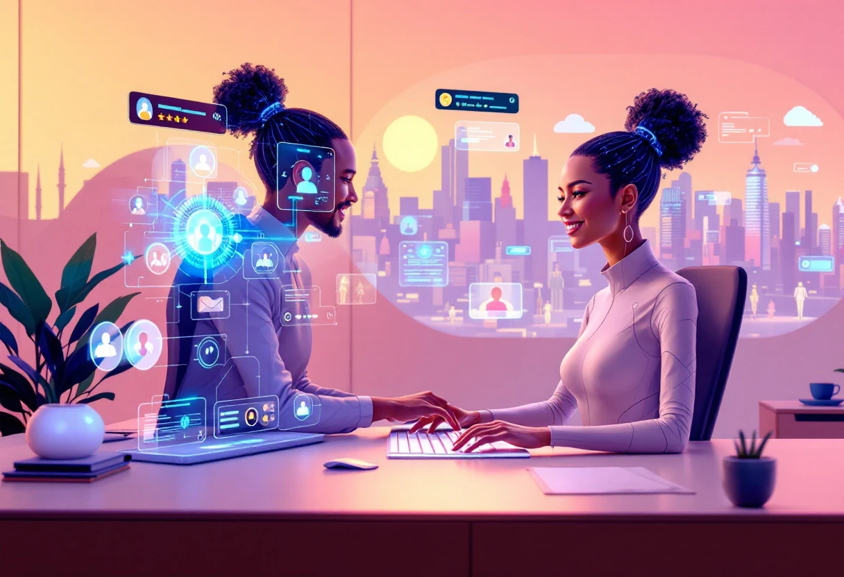 An illustration showing an AI receptionist handling multiple customer interactions through various channels, like phone calls, emails, and chat.