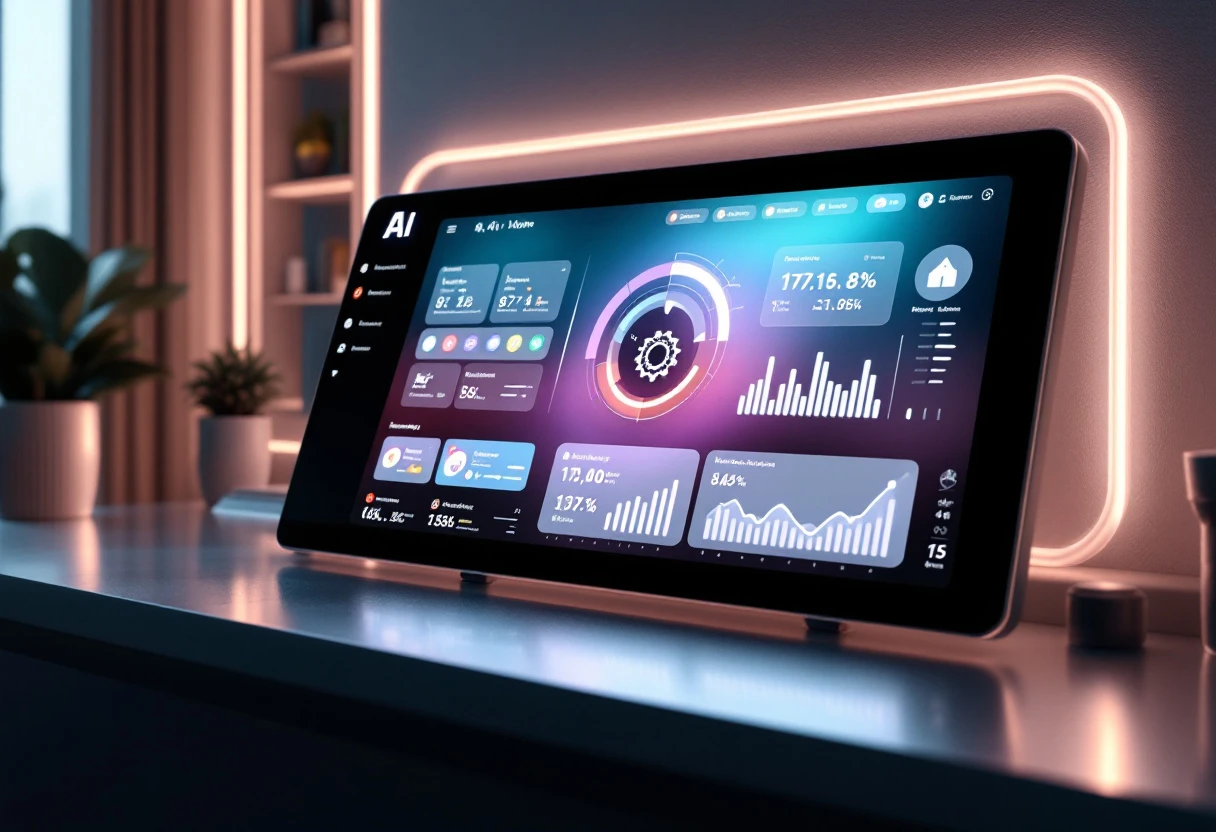 Dynamic graphic of a customizable AI dashboard showcasing various features, with elements representing different industry applications.