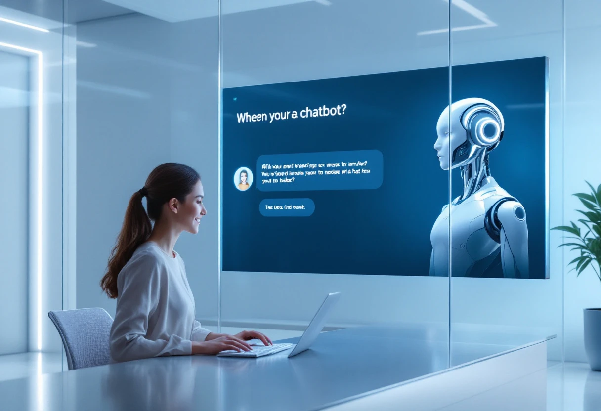 An engaging visual of a busy reception area demonstrating the human-AI interaction during customer inquiries.