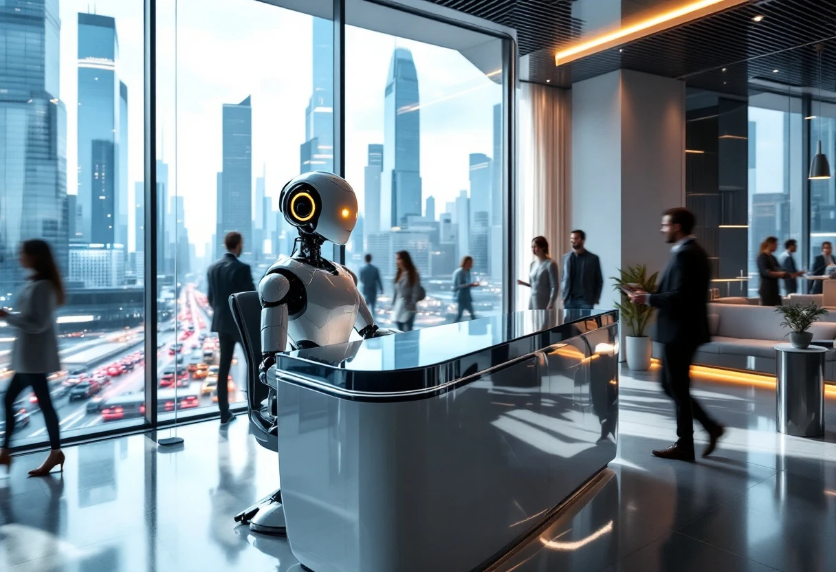 An illustration of a busy office environment with a digital AI receptionist, demonstrating how technology enhances customer service.