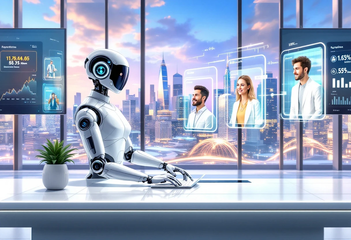 A vibrant illustration showing a busy office environment with an AI receptionist interacting with multiple potential clients simultaneously, emphasizing the technology behind improved customer service.