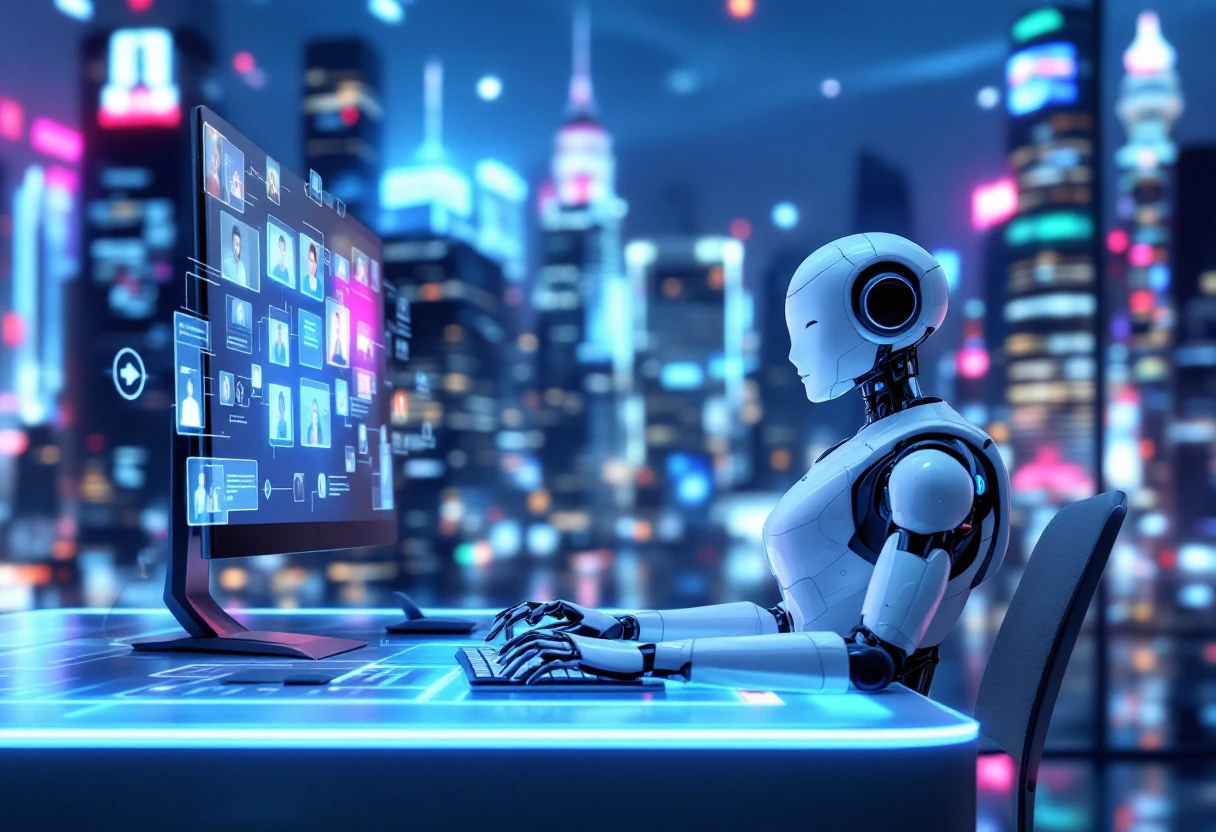 A dynamic representation of an AI receptionist facilitating multiple calls, emphasizing the streamlined communication and engagement with diverse customers using advanced technology.