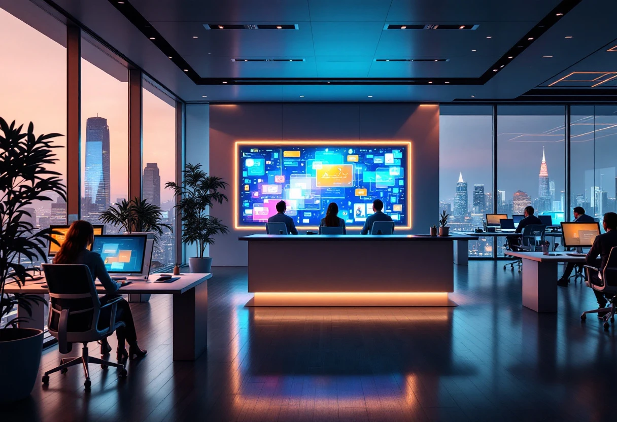 An illustration of a modern office with a sleek AI receptionist interface on a screen, bustling with incoming messages and leads, depicting an efficient and tech-savvy environment.