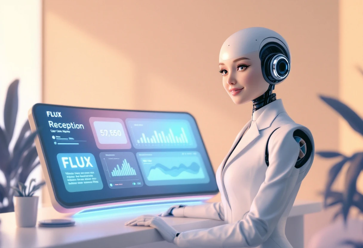 An illustration showing an AI receptionist in action with customizable branding elements, displaying analytics on a screen, emphasizing 24/7 availability.