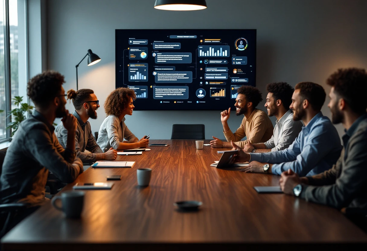 A dynamic team discussing AI customer service solutions around a modern conference table, emphasizing collaboration and innovation.