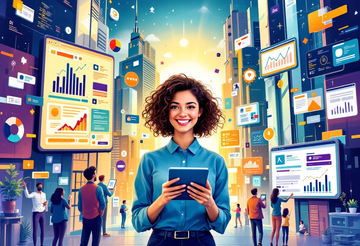 An illustration showing the process of building a strong online presence with various digital marketing tactics.