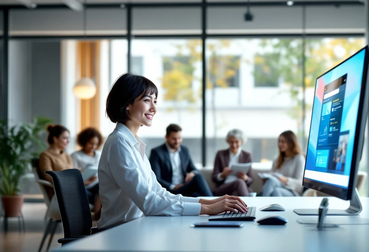 A modern office setting showcasing a friendly AI receptionist on a computer screen interacting with a diverse group of clients, symbolizing efficient customer service.