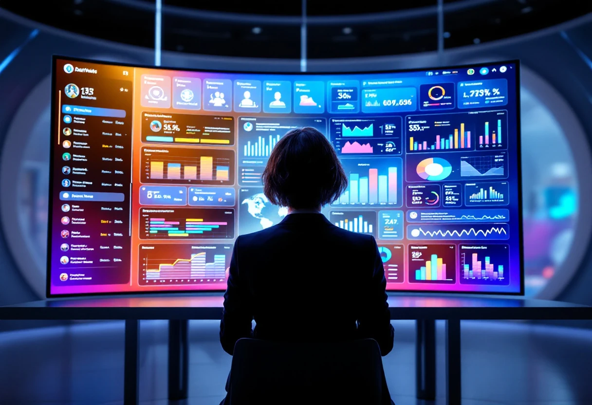 An illustration of a modern entrepreneur engaging with an AI-powered customer service dashboard, showcasing analytics, client interaction, and flexibility in service management.