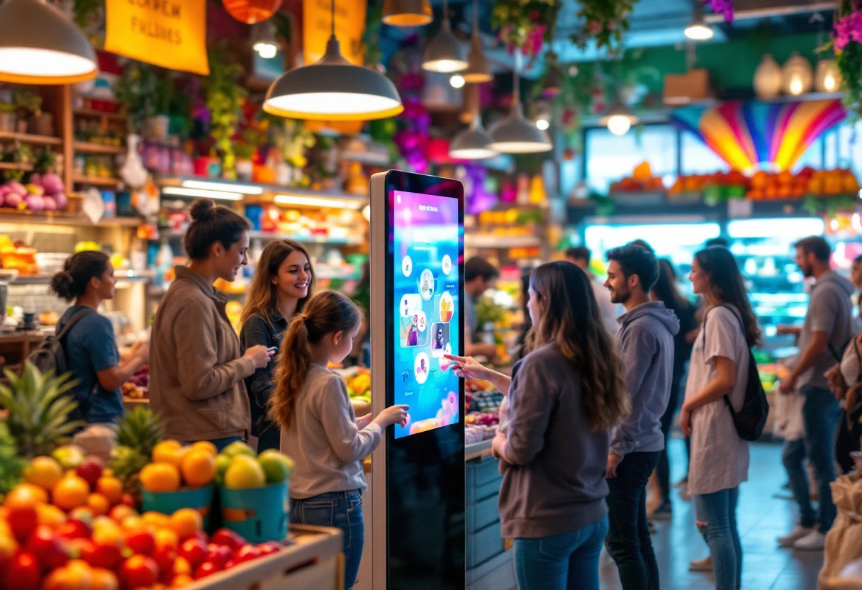 An image showing a vibrant local retail store with customers engaging with an AI-powered kiosk