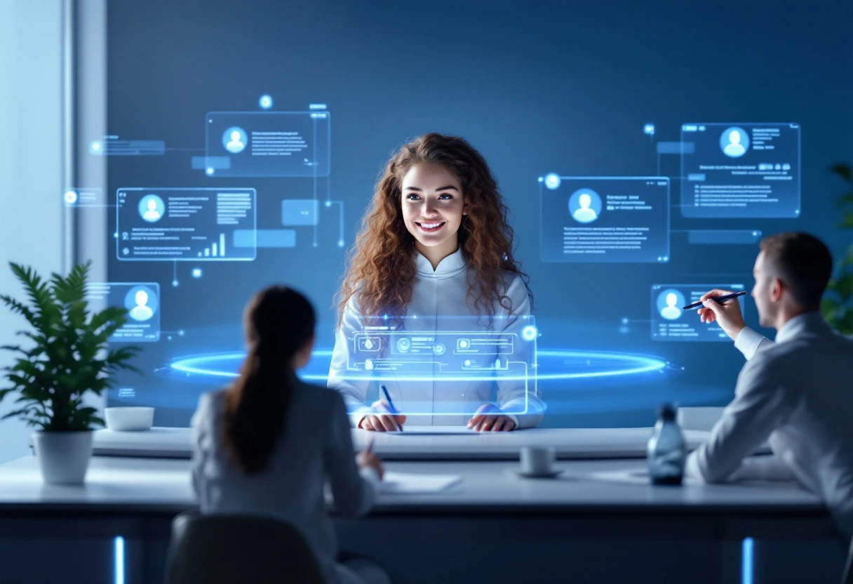 An AI receptionist assisting multiple clients through a digital interface, symbolizing efficiency and modern service solutions.