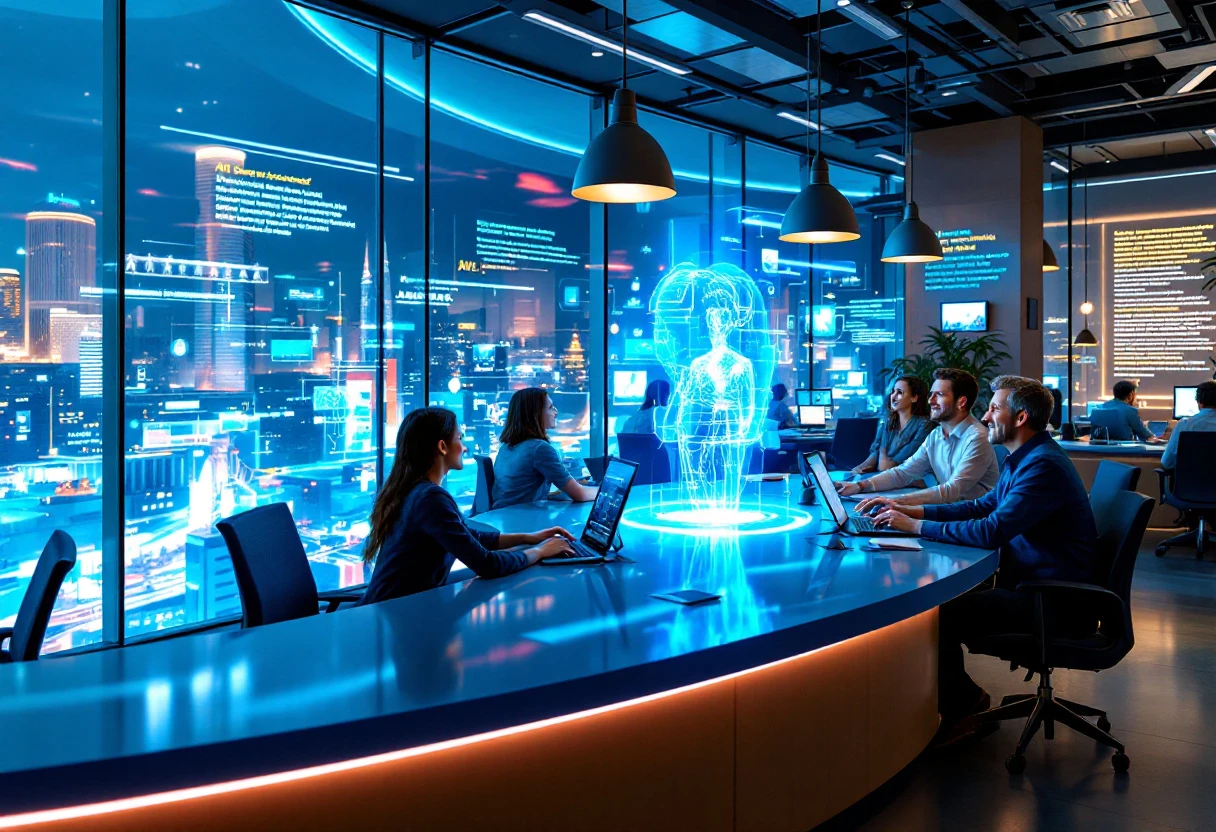 A dynamic office environment showcasing employees collaborating with an AI tool, enhancing customer interactions and productivity.