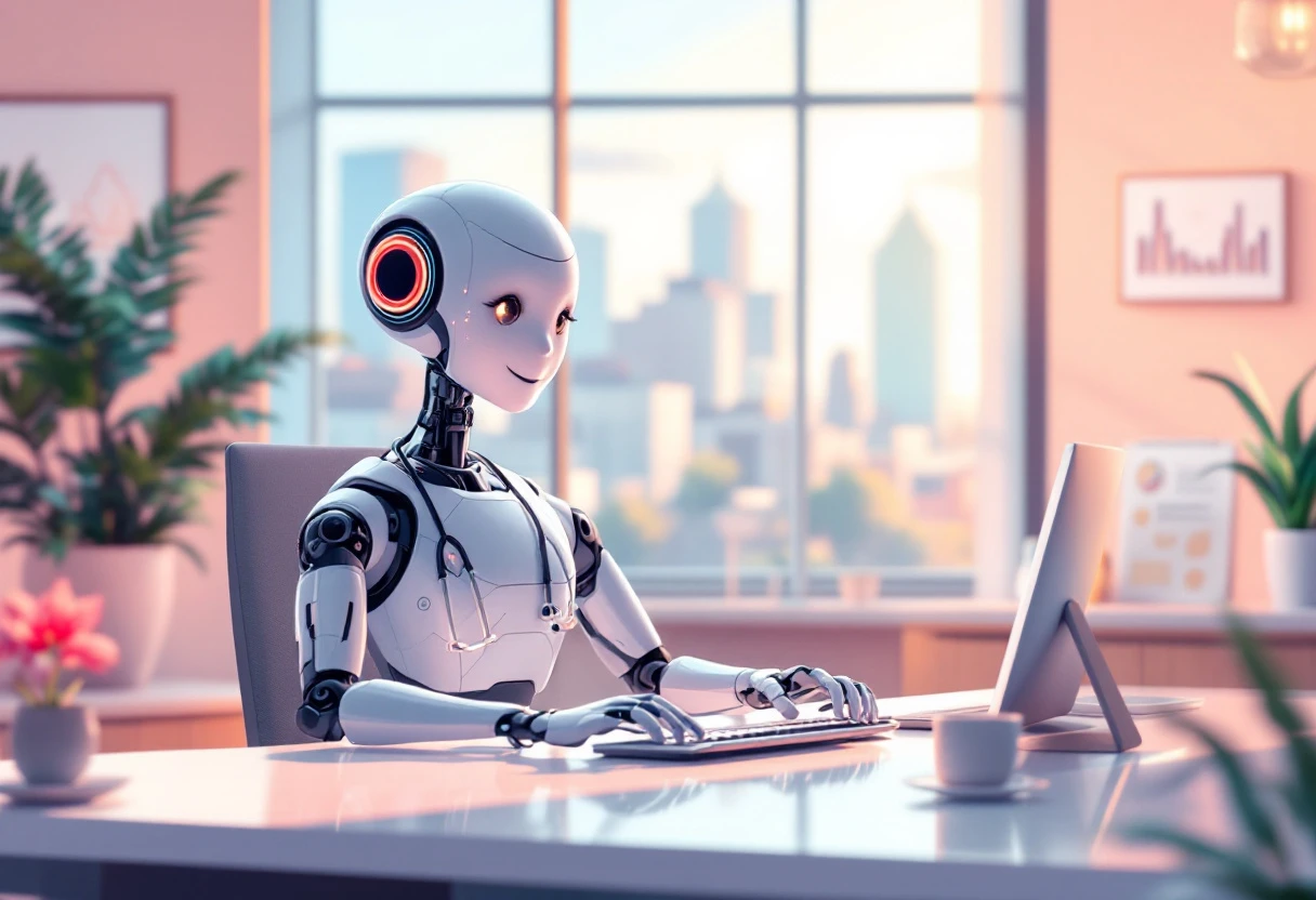 An image featuring a friendly AI interaction in a healthcare setting, illustrating how a virtual receptionist can assist practices in a positive, human-like manner.